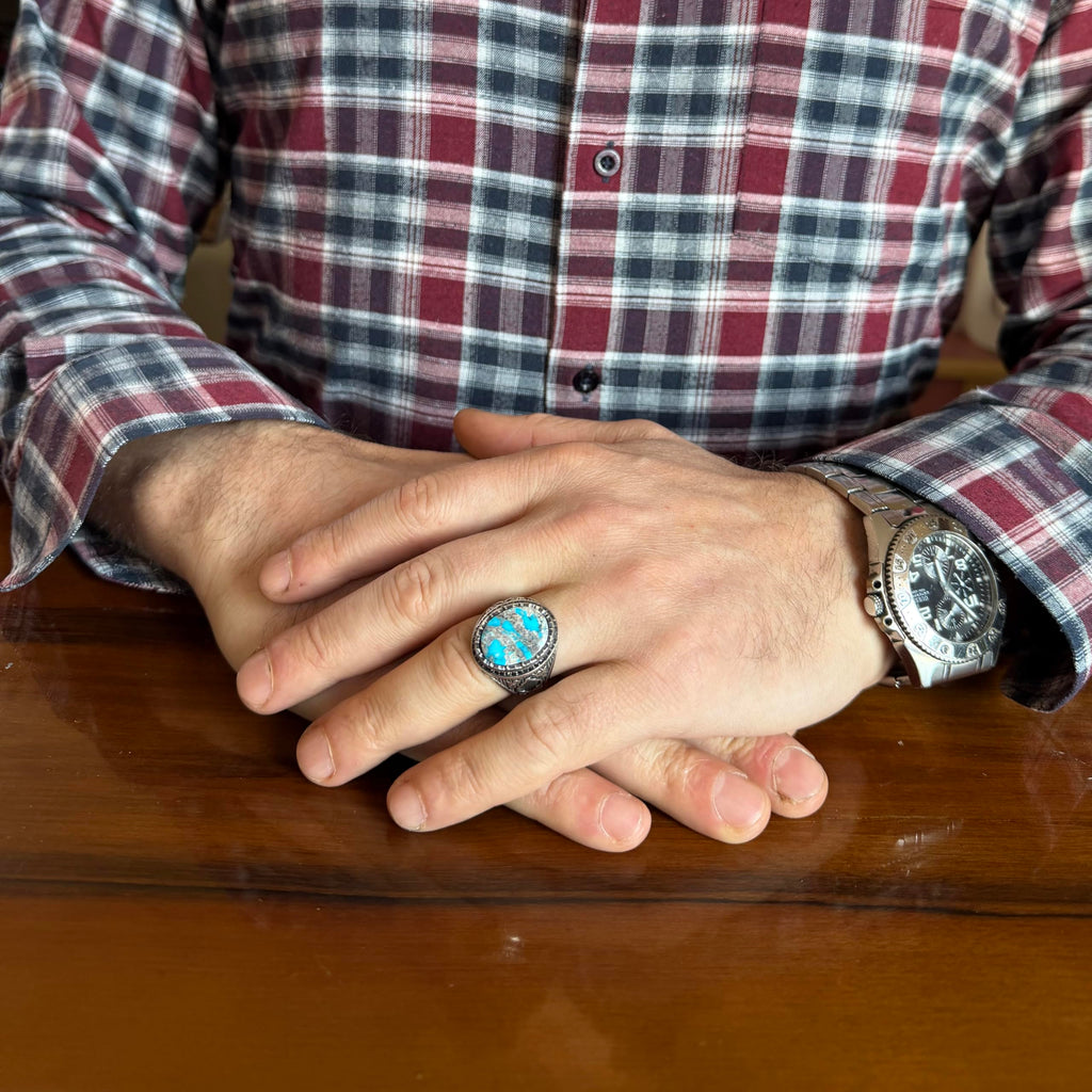 KAMBO Turquoise Stone Men's Ring 925 Sterling Silver Natural Turquoise Statement Ring Vintage Ottoman Style Handmade Men's Ring (Turquoise-2) — 3