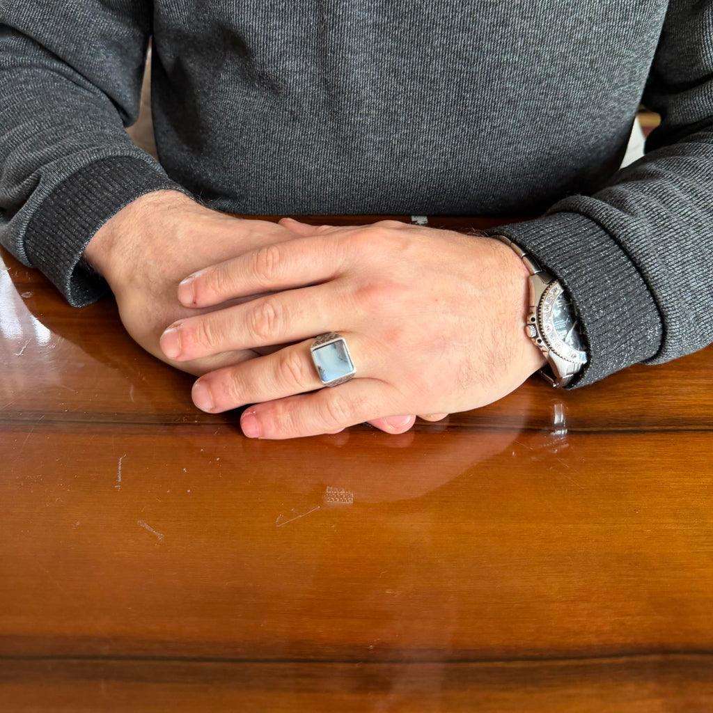 KAMBO Natural Stone Men's Ring 925 Sterling Silver Square Stone Handmade Statement Ring Unique Masculine Jewelry (Yemen Agate) — 3
