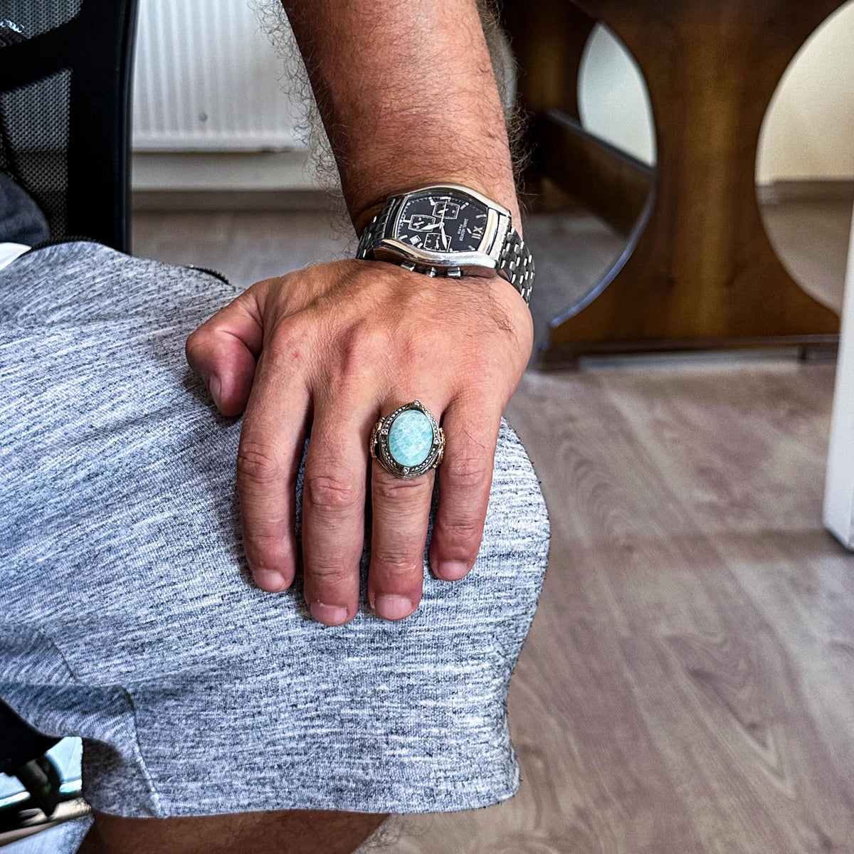 925 Sterling Silver Ring, Natural Amazonite Stone Men's Ring, Handmade Vintage Design — 2