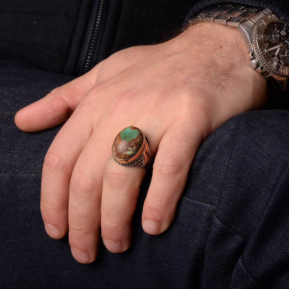 Natural Arizona Turquoise Stone Men's Ring, 925 Sterling Silver Ring — 6