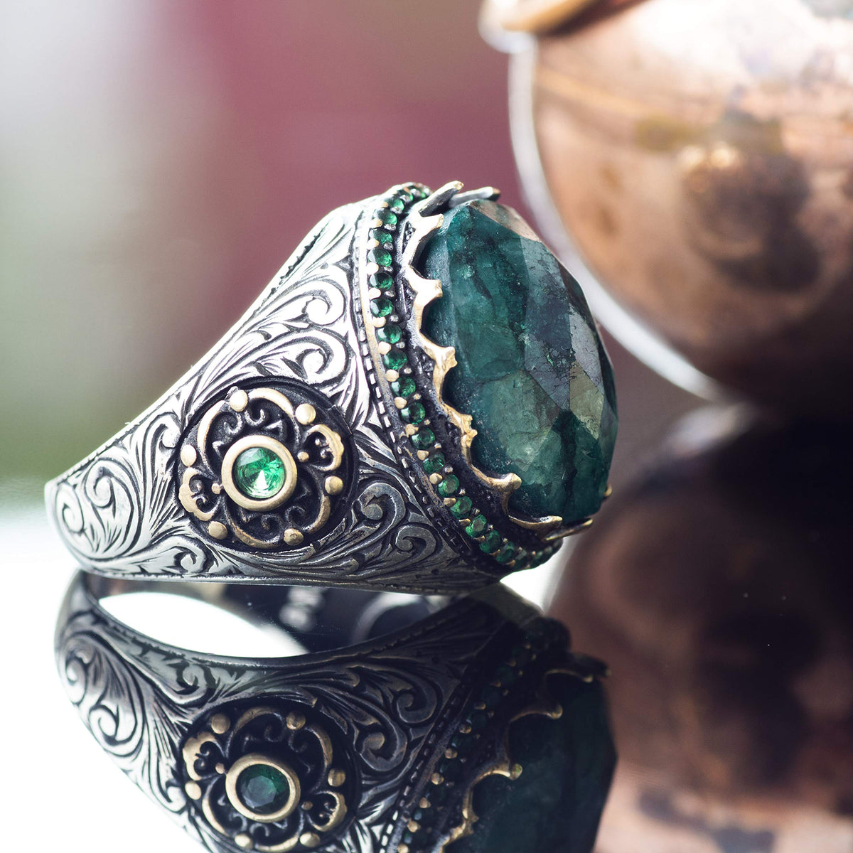 Handmade Silver Men's Ring (Emerald) — 3