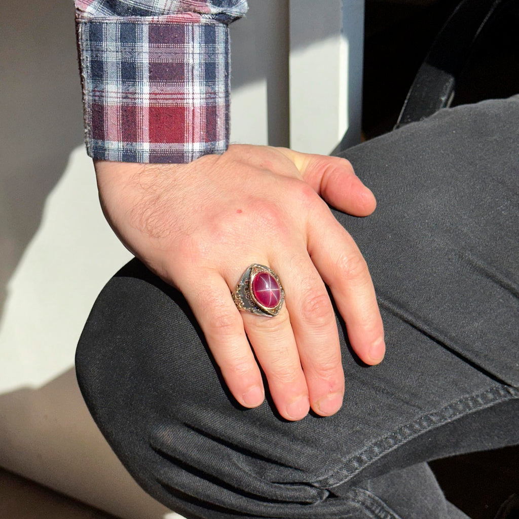 Natural Star Ruby Stone Ring - Handmade, 925 Sterling Silver — 3