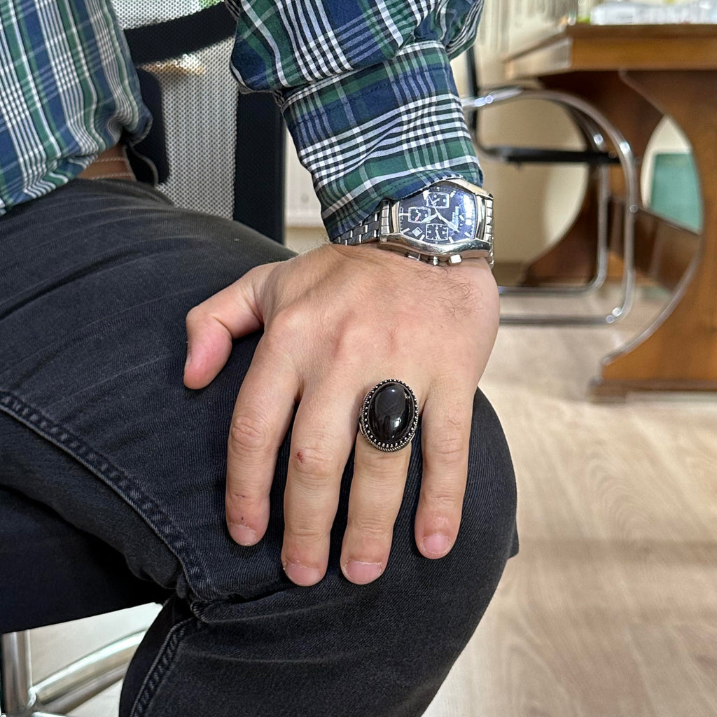 Handmade Natural Stone Ring, 925 Sterling Silver Men's Ottoman Tughra Ring – Magnificent Design (Obsidian) — 3