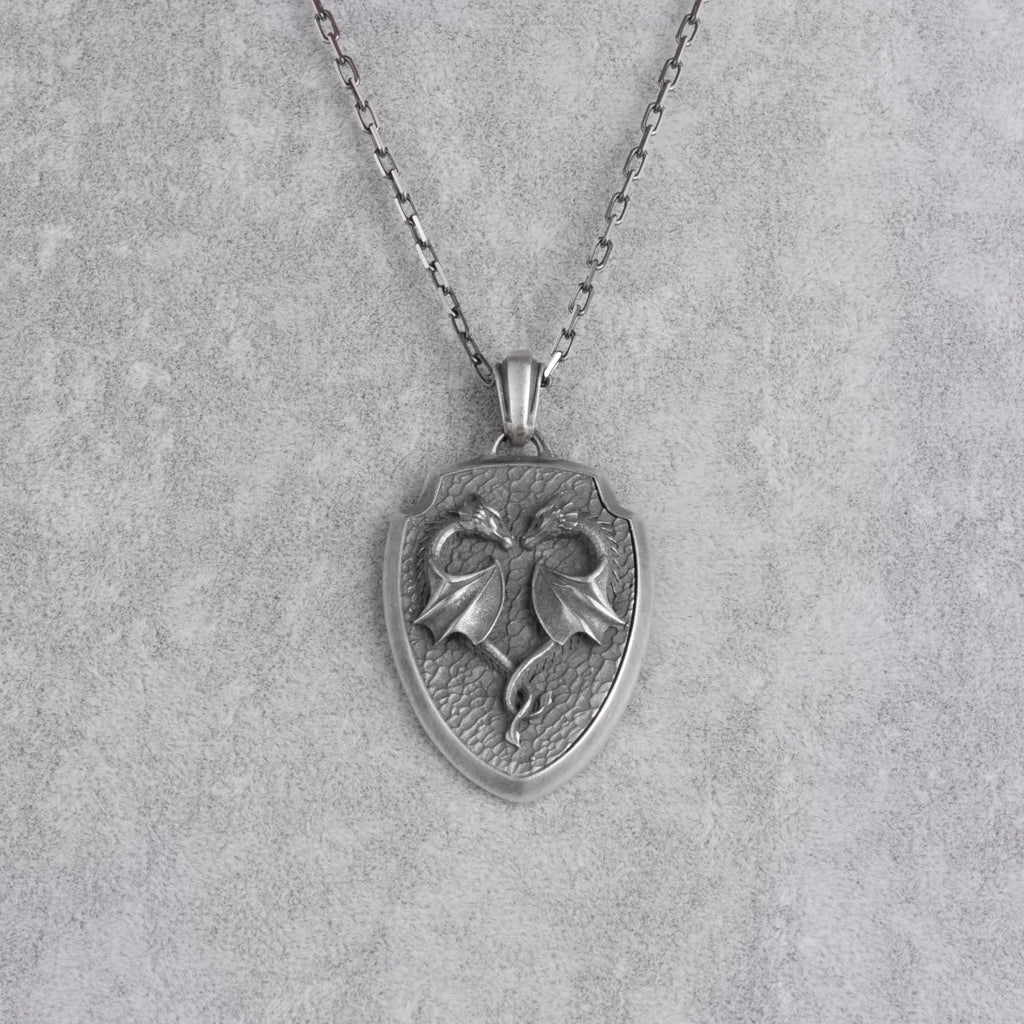KAMBO Men's 925 Sterling Silver Double Dragon Necklace – Chain Handmade Legendary Shield Design Necklace (Silver) — 4