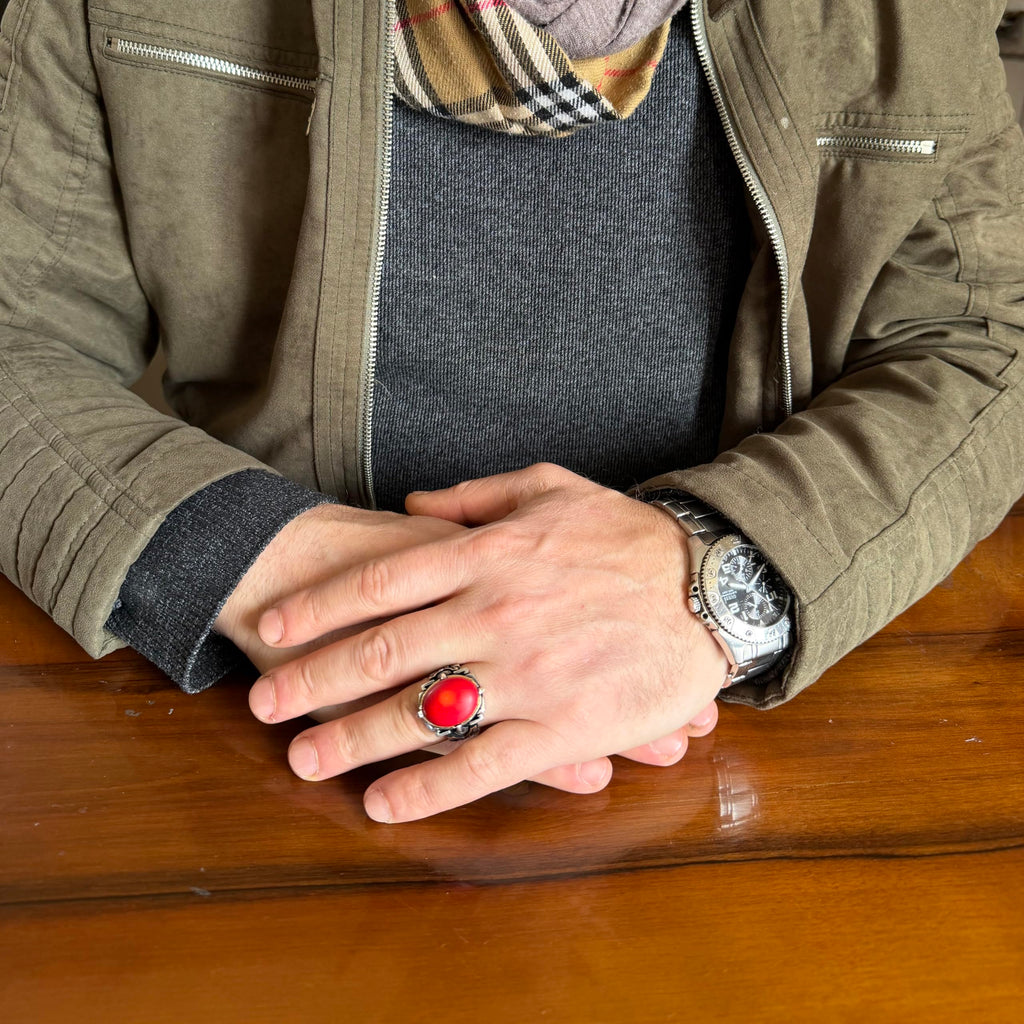 KAMBO Natural Stone Ring 925 Sterling Silver – Handmade Men's Statement Ring Healing Jewelry (Red Coral) — 3