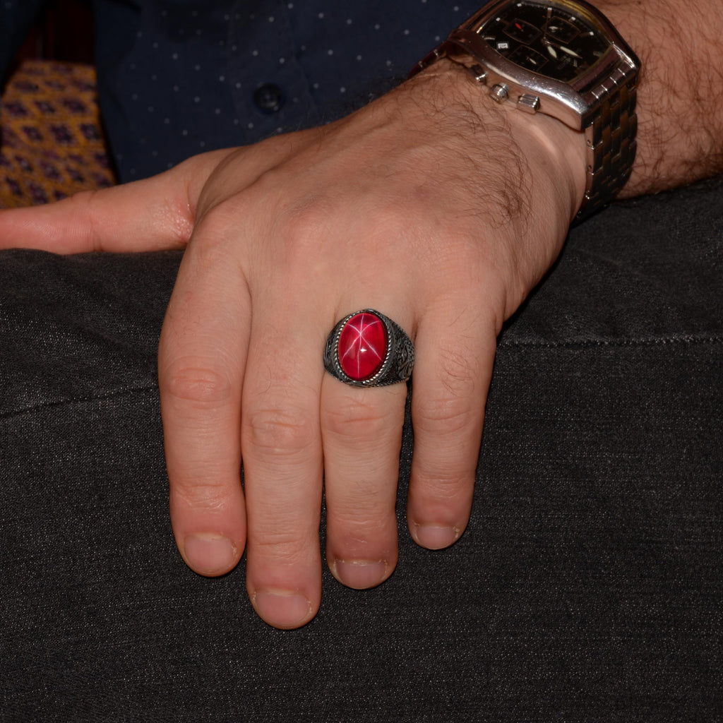 Natural Stone Men's Ring - Star Ruby, 925 Sterling Silver — 3