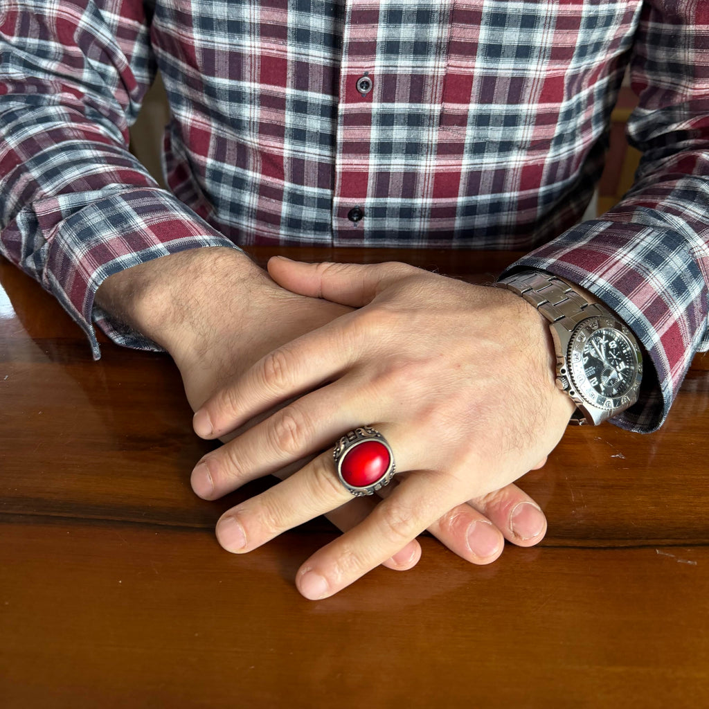 KAMBO Natural Red Coral Stone Men's Ring 925 Sterling Silver Oval Cabochon Ottoman Style Bronze Tone Handmade Ring — 3