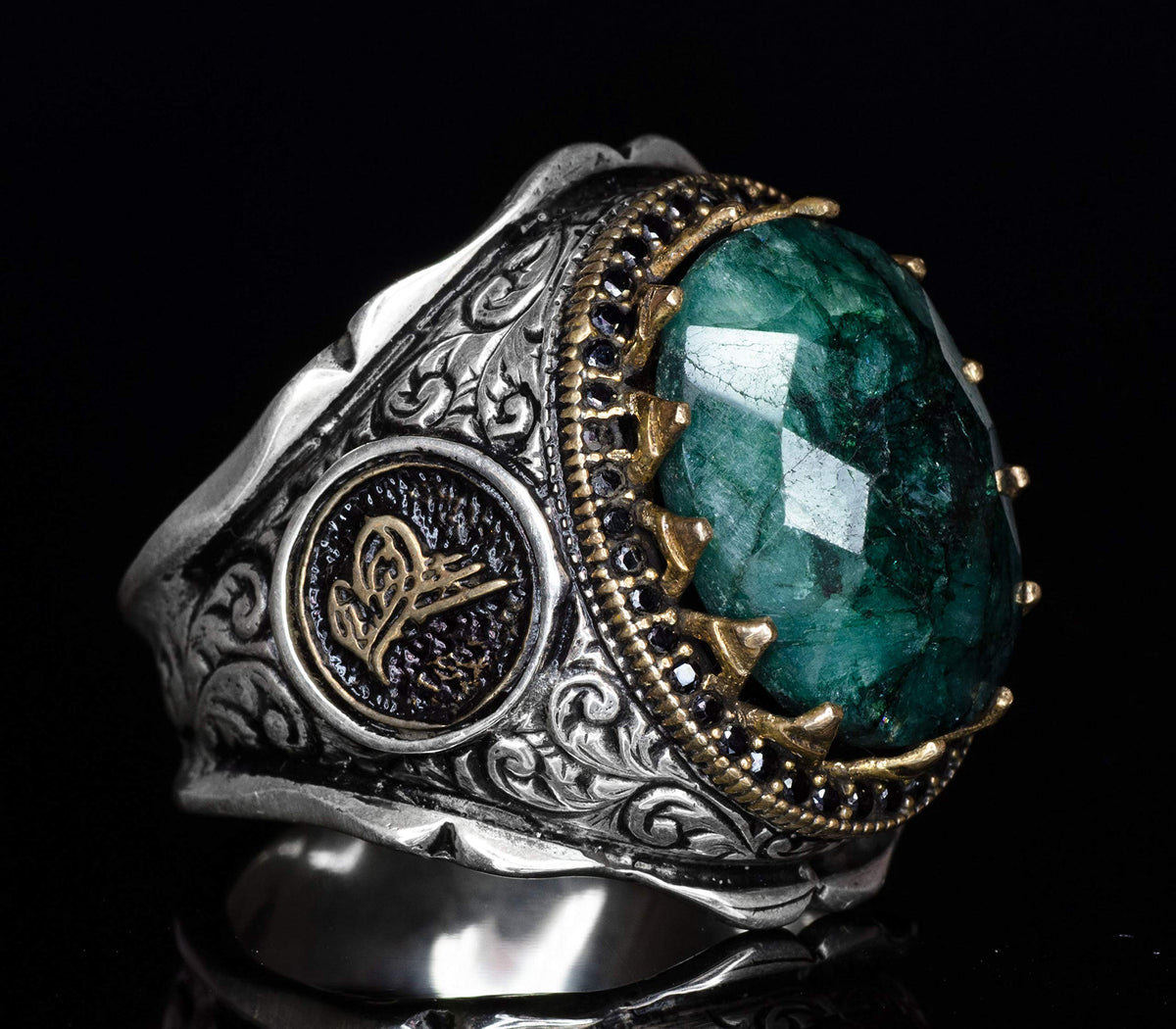 Natural Emerald Stone Silver Ring with Ottoman Tughra — 3