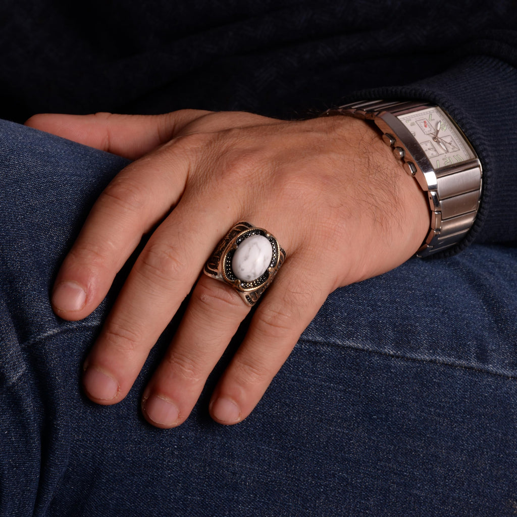 KAMBO Embroidered Natural Howlite Precious Stone Men's Ring, 925 Sterling Silver — 3