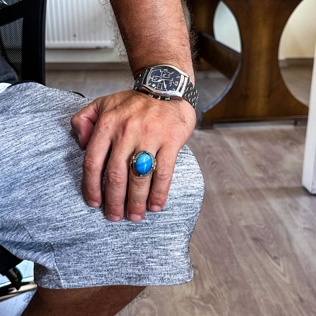 925 Sterling Silver Men's Ring with Natural Blue Agate Stone, Handmade Statement Ring, Vintage Design — 3