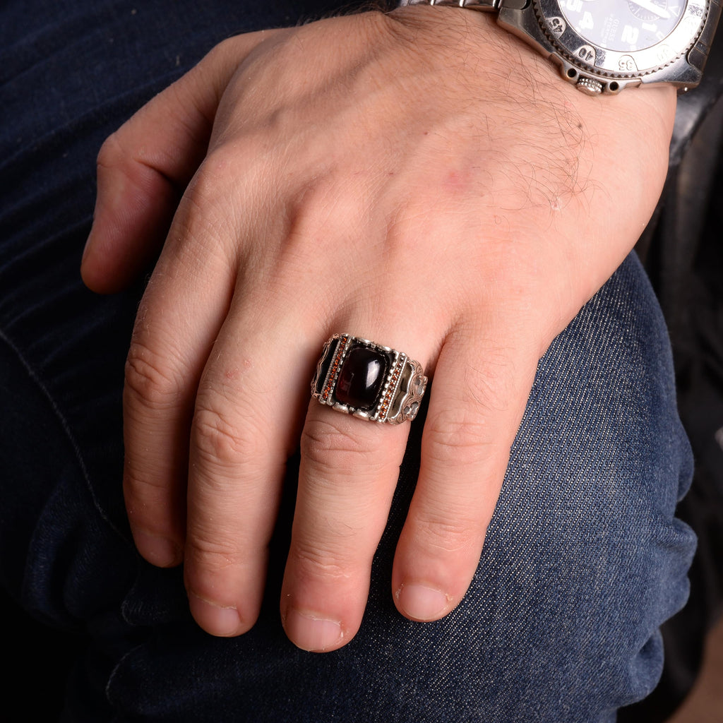Natural Garnet Stone Ring, Handmade Minimalist Jewelry, 925 Sterling Silver Men's Ring — 3