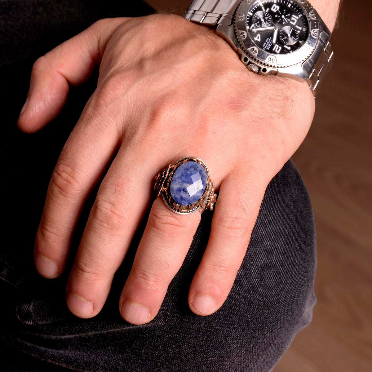 KAMBO Handmade 925 Sterling Silver Men's Ring with Genuine Sodalite Gemstone, Lion Design, Gold Plated Vintage Statement