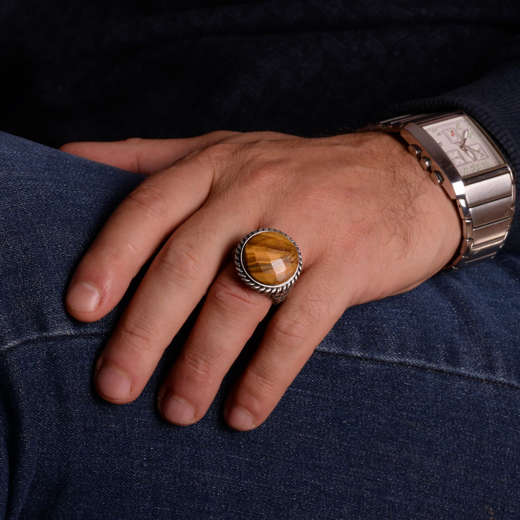Natural Tiger's Eye Stone Ring, 925 Sterling Silver Men's Ring — 3