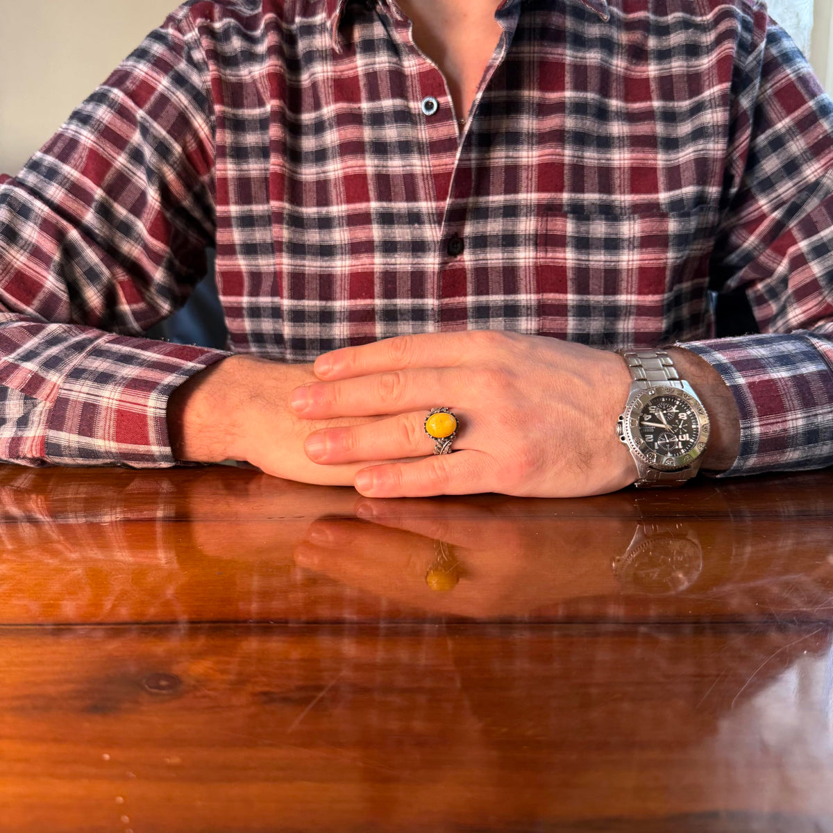 KAMBO Handmade Yellow Amber Stone Ring - 925 Sterling Silver Antique Style Men's Statement Ring — 2