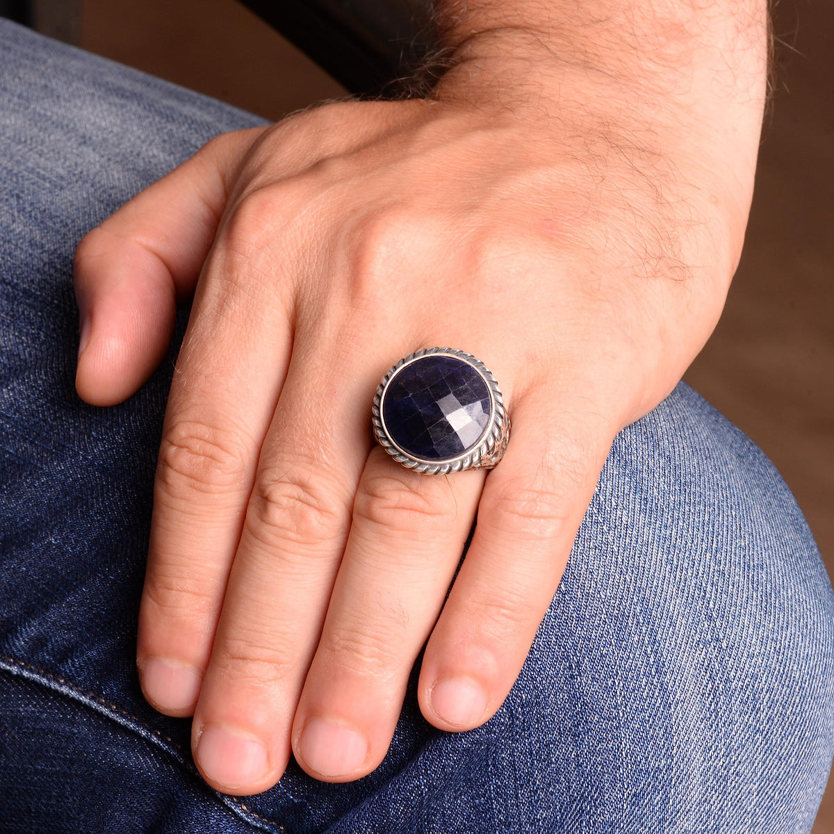 Natural Sapphire Stone Men's Ring, Vintage Ring, 925 Sterling Silver — 3