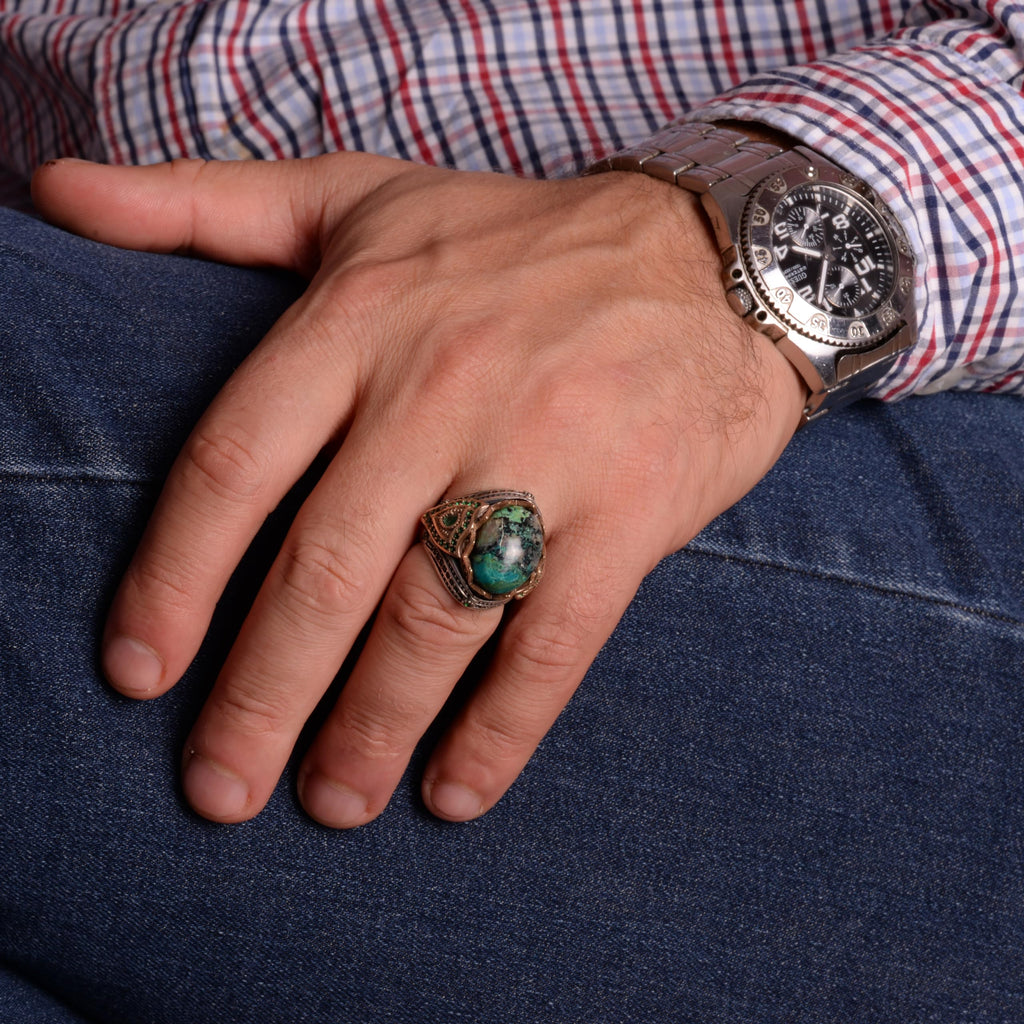Natural Arizona Turquoise Stone Ring - 925 Sterling Silver Men's Ring (Model-3) — 3