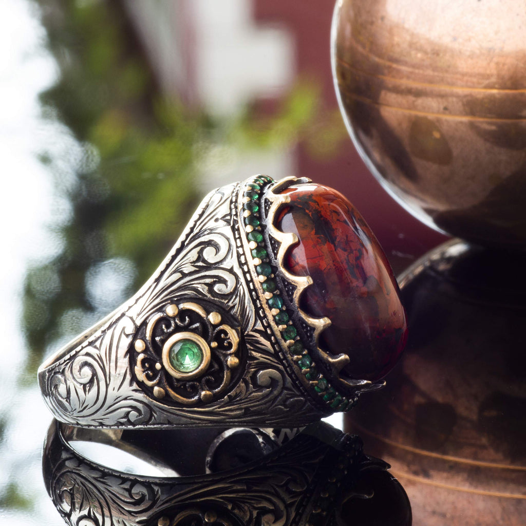 Handmade Silver Men's Ring - Natural Bloodstone — 5