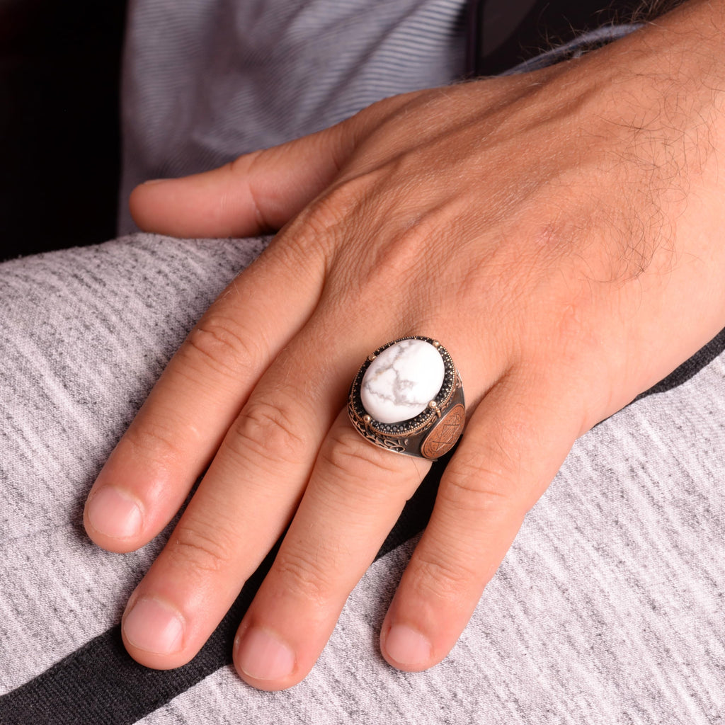 Star of David Silver Ring, Natural Howlite Stone Ring — 4
