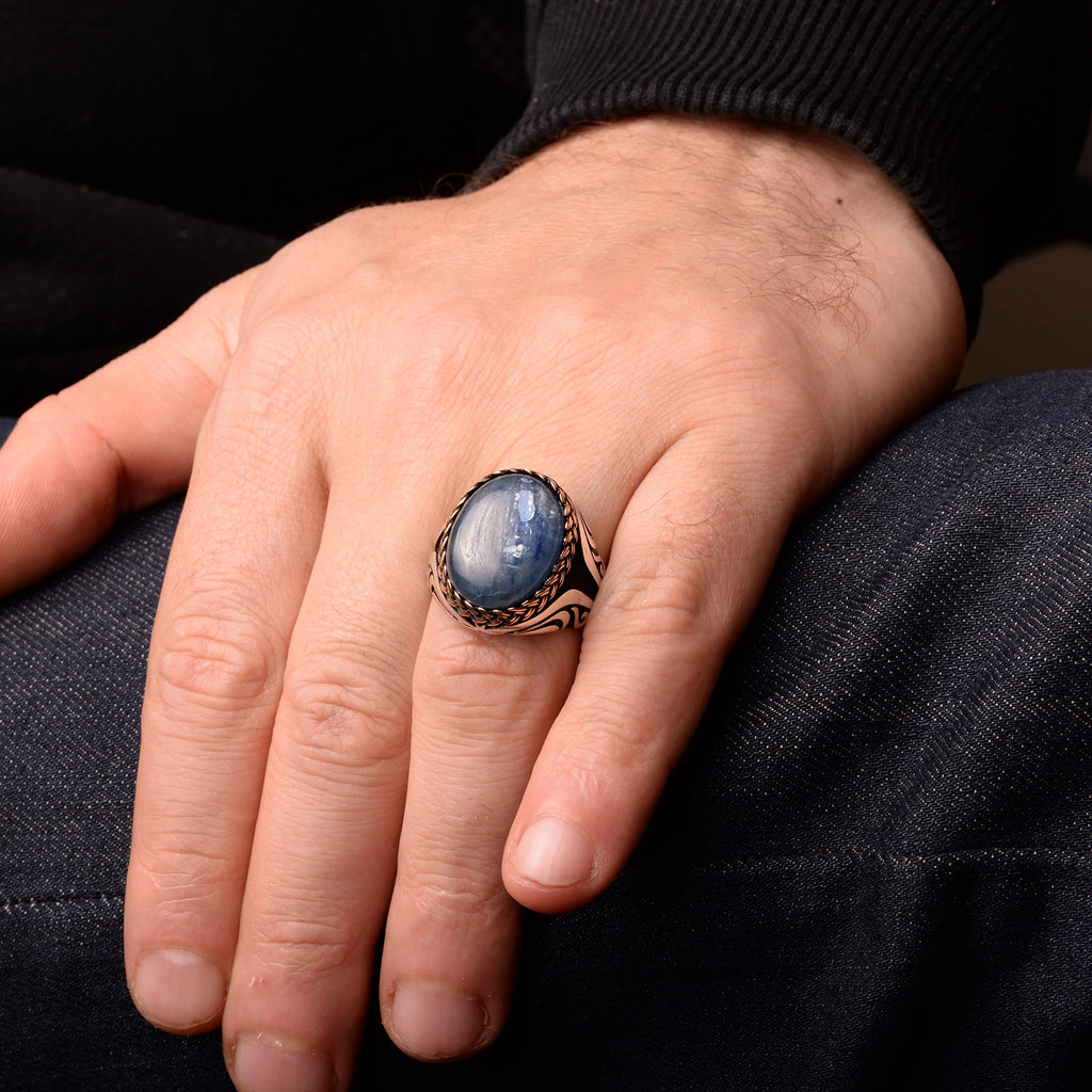 Natural Blue Kyanite Stone Ring - 925 Sterling Silver Men's Ring - Unique Design — 7