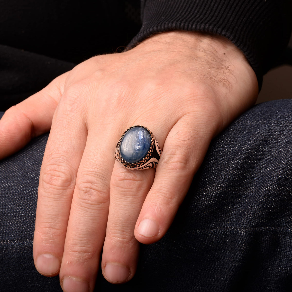 Natural Blue Kyanite Stone Ring - 925 Sterling Silver Men's Ring - Unique Design — 7