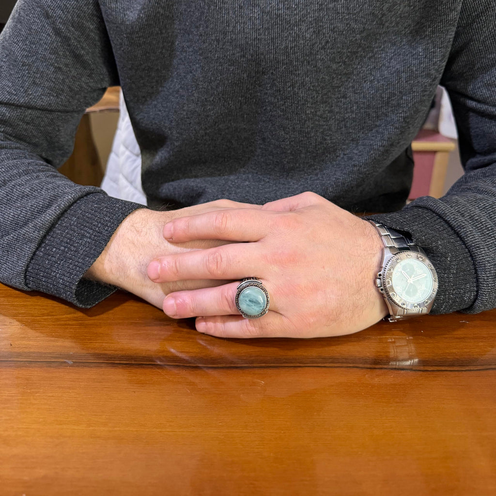 KAMBO Stone Round Men's Ring 925 Sterling Silver – Cabochon Handmade Vintage Greek Pattern Statement Ring (Aquamarine) — 3