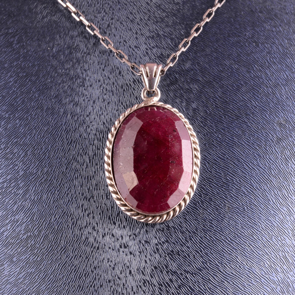 KAMBO Natural Stone Chain Unisex Necklace 925 Sterling Silver – Handmade Oval Description Necklace (Ruby) — 4
