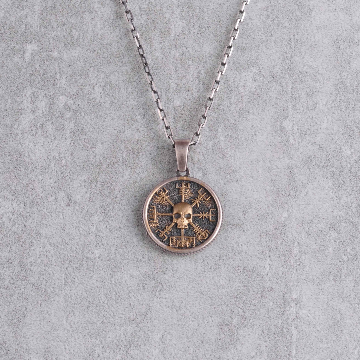 KAMBO 925 Sterling Silver Skull Necklace – Viking Compass Vegvisir with Scandinavian Runes – Handmade Scandinavian Amulet (Gold Plated) — 4