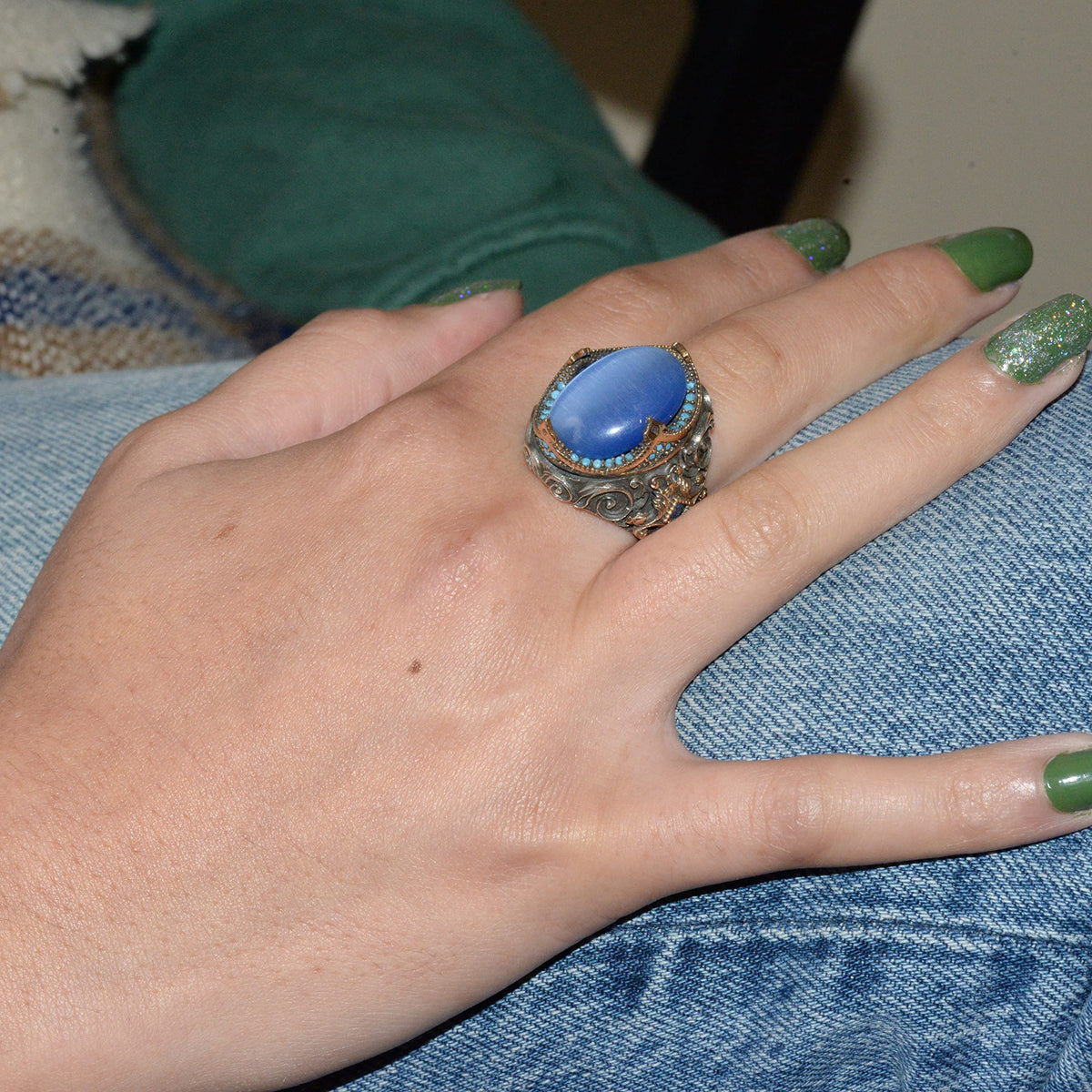 Handcrafted Artificial Stone Ring - 925 Sterling Silver Men's Jewelry (Blue Cat Eye) — 7