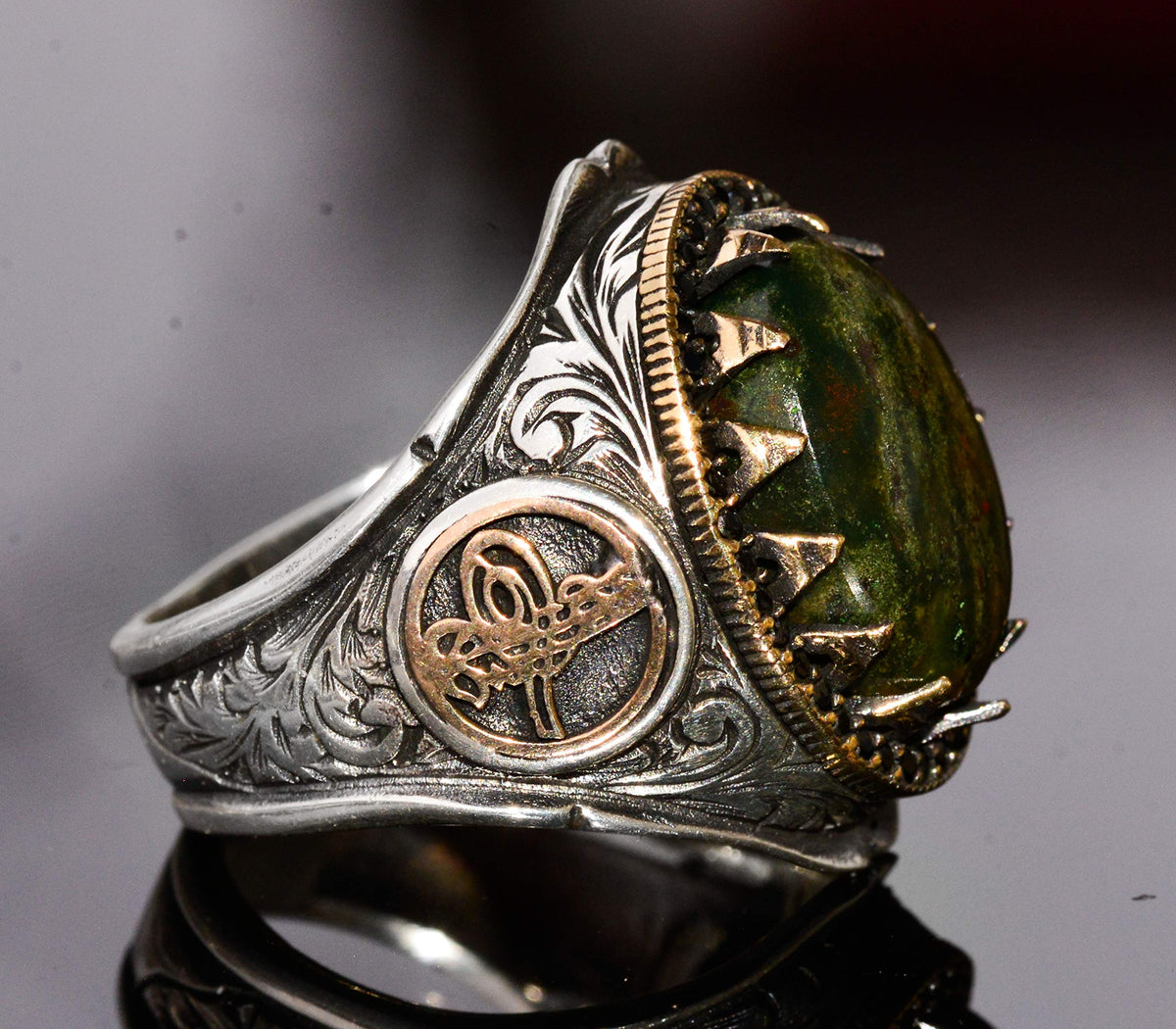 Natural Bloodstone Men's Ring - 925 Sterling Silver Ottoman Tugra Design — 5