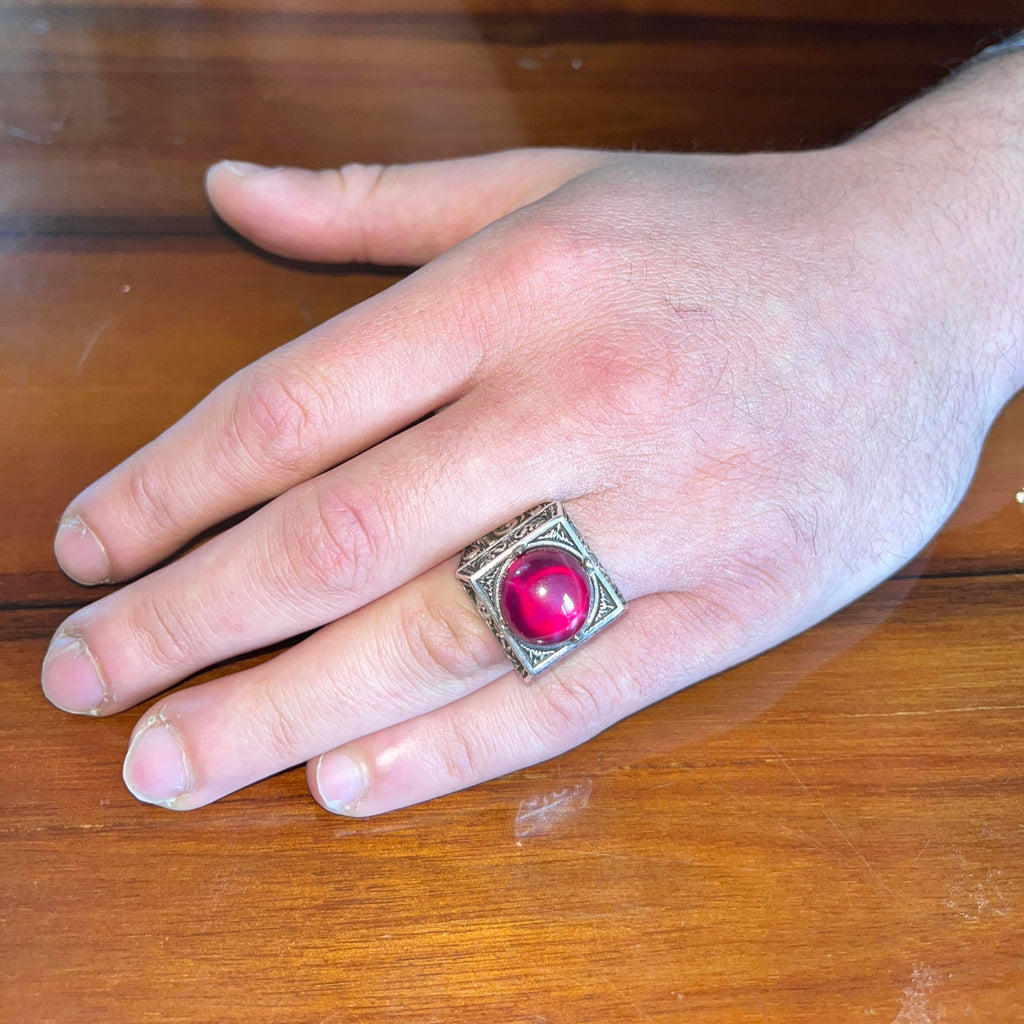 KAMBO Natural Round Stone Square Men's Ring 925 Sterling Silver – Ottoman Pattern Handmade Stone Ring (Star Ruby) — 3