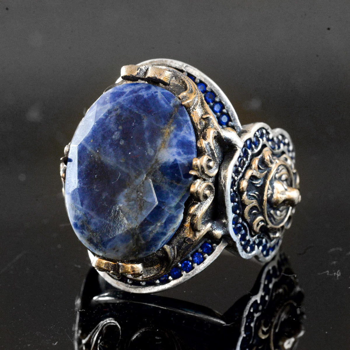 Natural Sodalite Stone Ring - Lion Motif, 925 Sterling Silver — 4