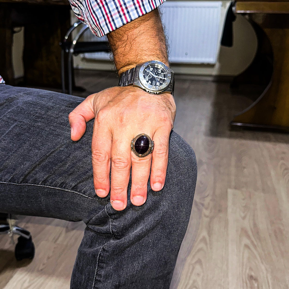 925 Sterling Silver Men's Ring with Natural Star Garnet Stone — 3