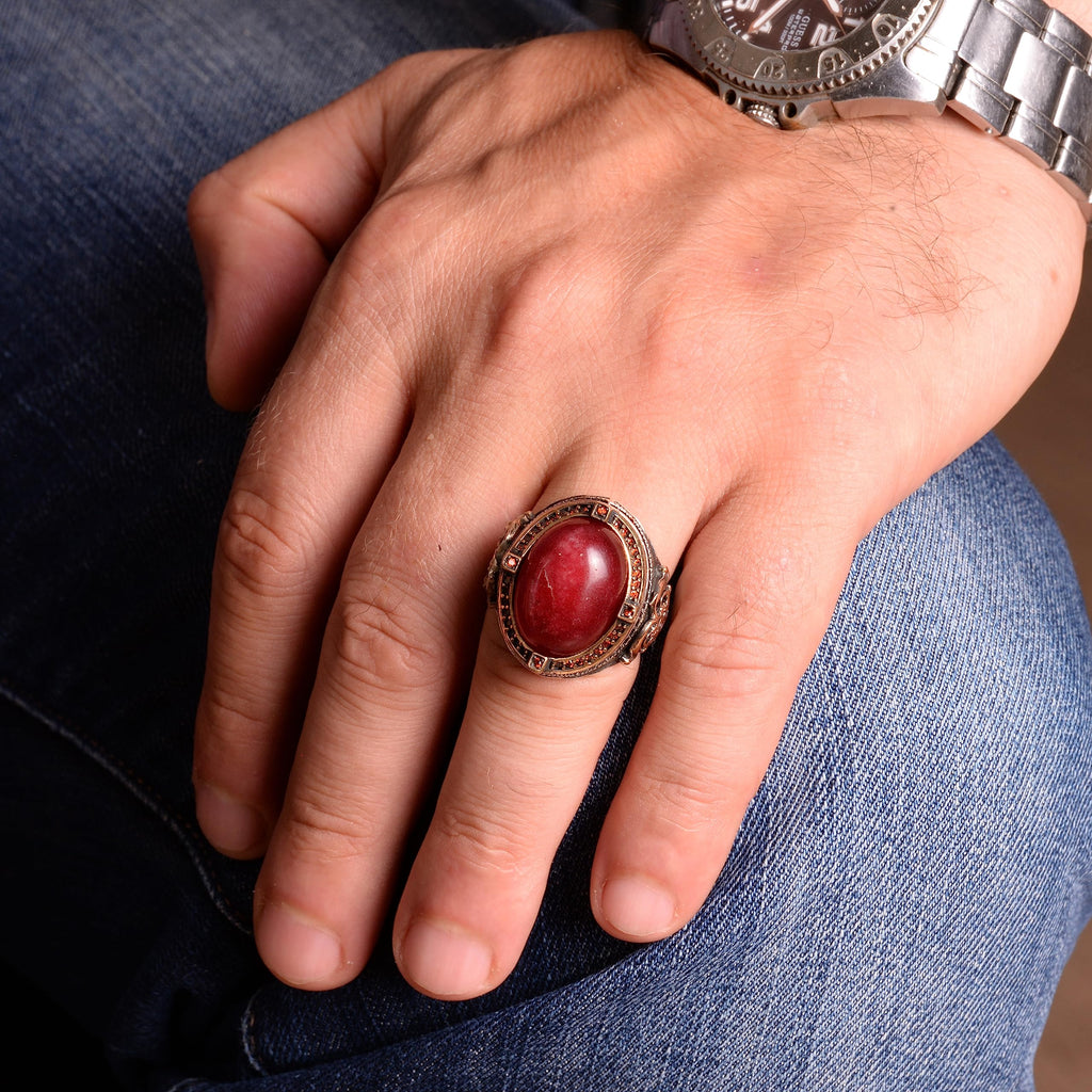 Silver Ring for Men, Natural Cabochon Ruby Stone Ring — 3