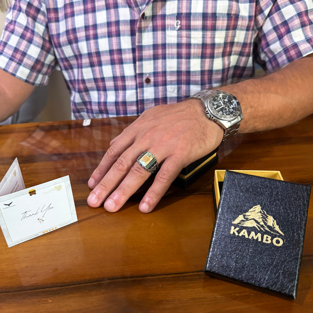 KAMBO Natural Arizona Turquoise 925 Sterling Silver Men's Ring – Rectangular Stone Ottoman Style Engraved Design (Style-1) — 3