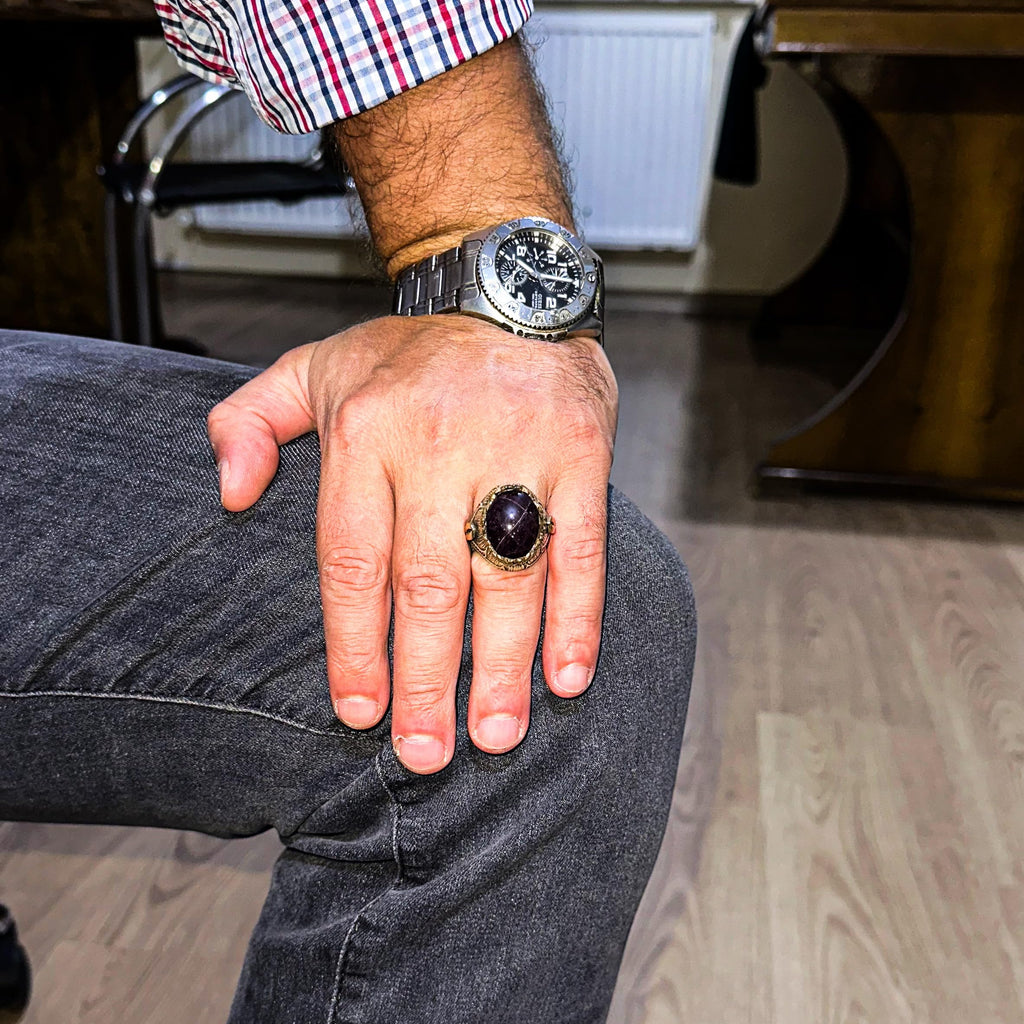 925 Sterling Silver Men's Ring Natural Star Garnet Stone - Handmade Expressive Jewelry — 3