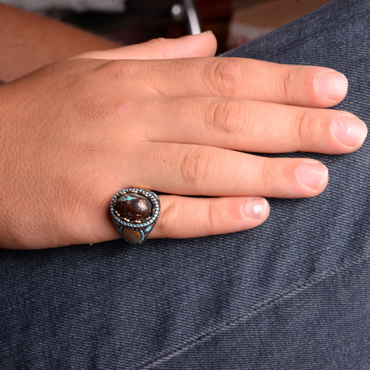 Natural Arizona Turquoise Stone Ring - Minimalist 925 Sterling Silver Men's Ring (Model-2) — 3