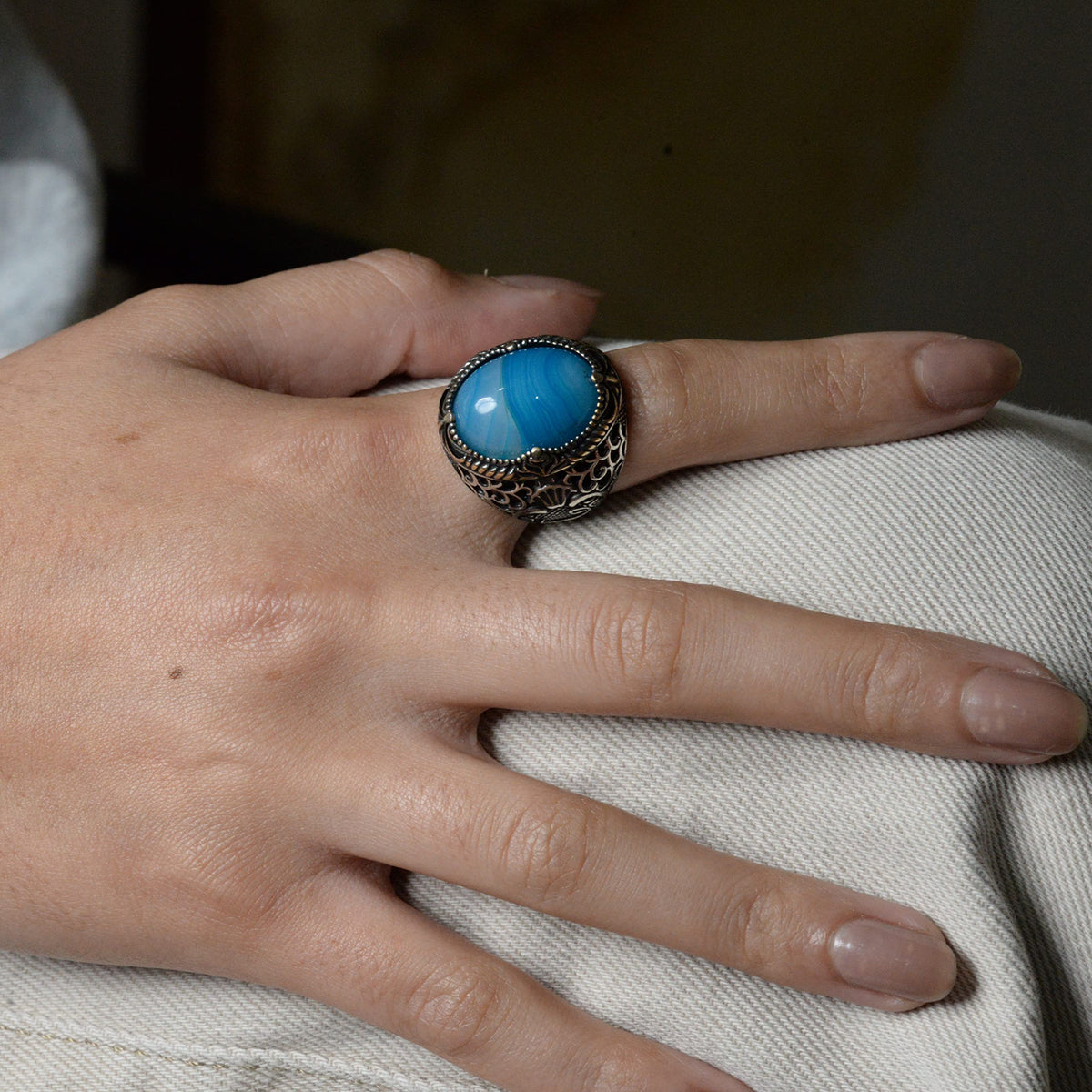Natural Blue Tree Stone Ring, 925 Sterling Silver Handmade — 7