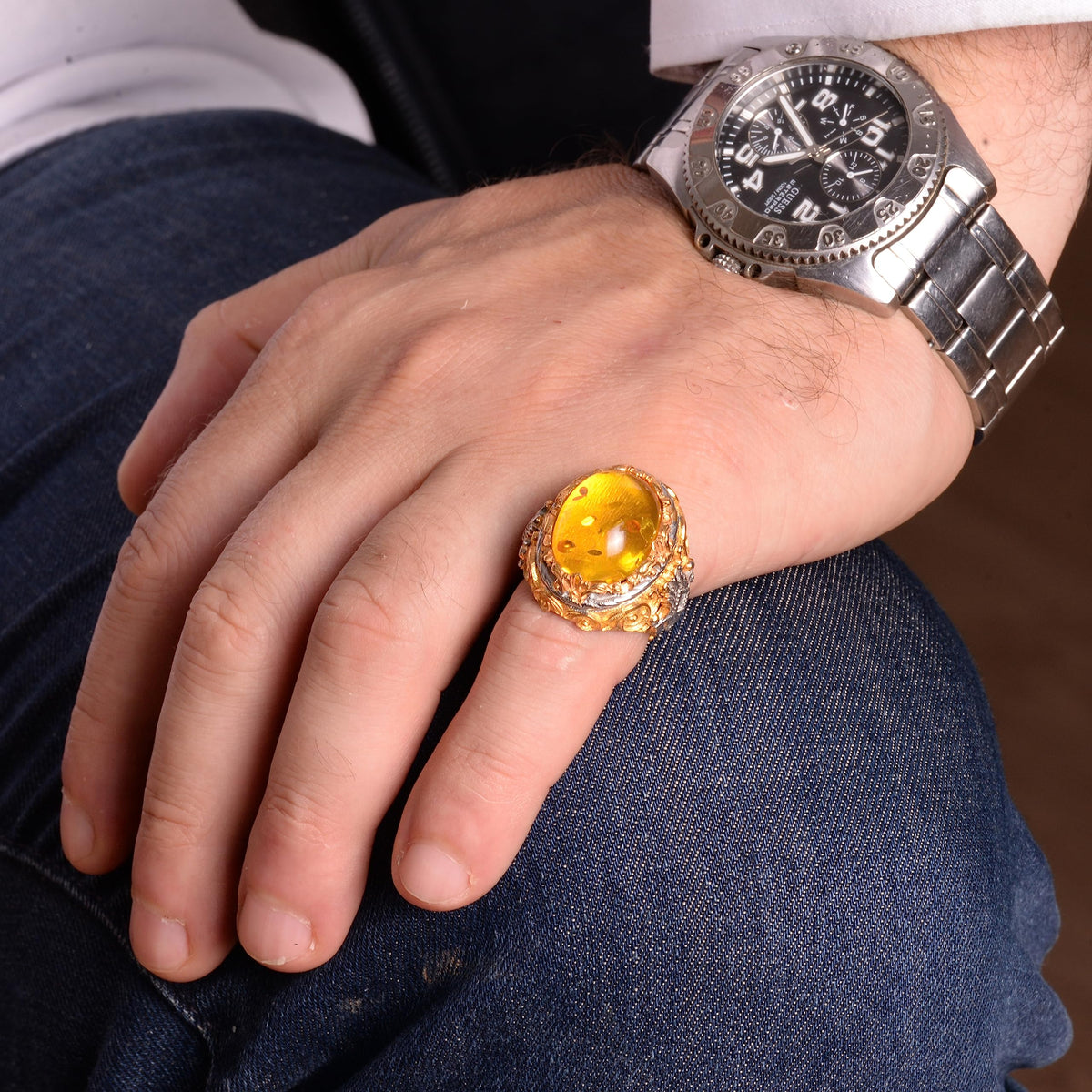 925 Sterling Silver Ring with Created Amber Stone — 3