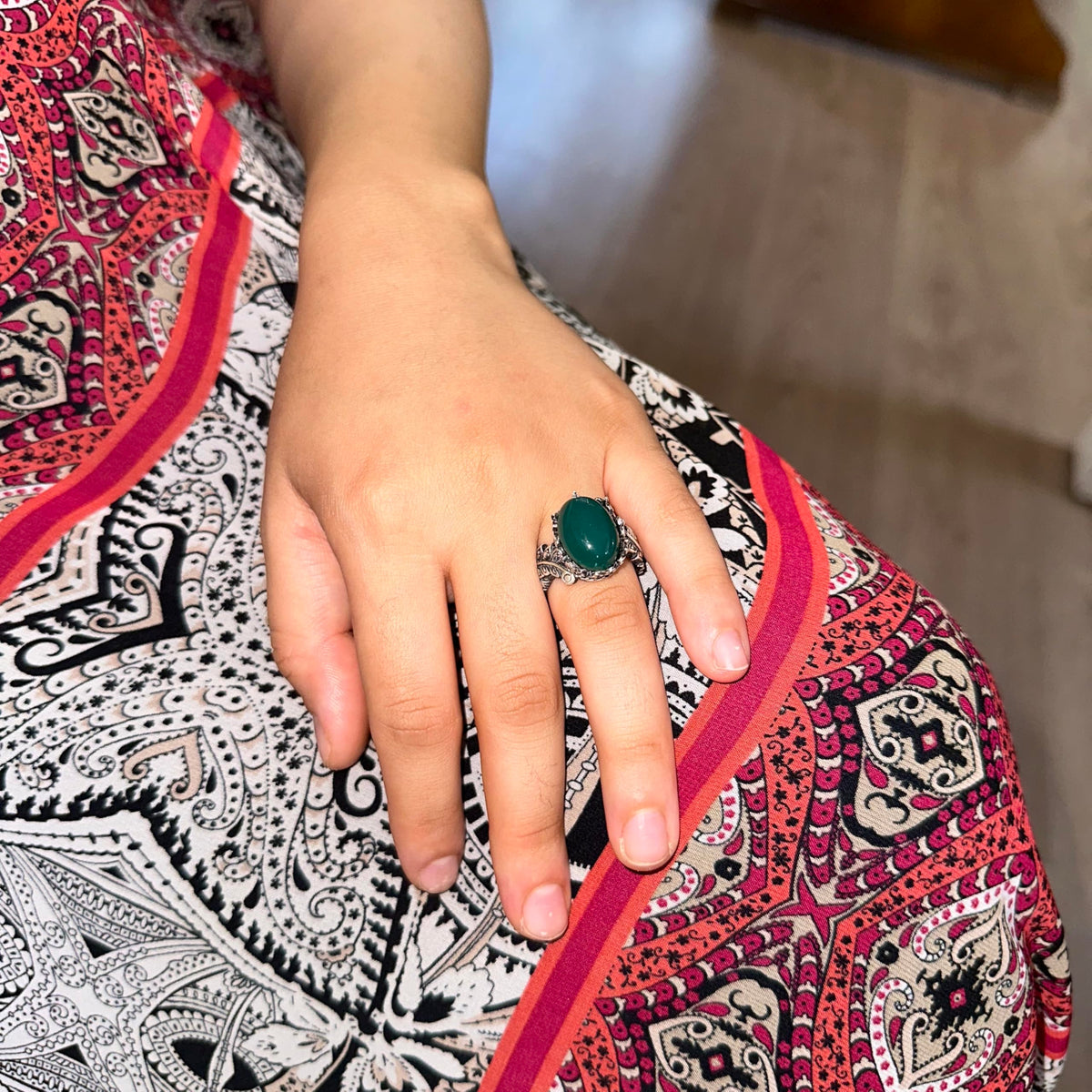 Vintage Bohemian Design Silver Women's Ring with Natural Jade Stone — 3
