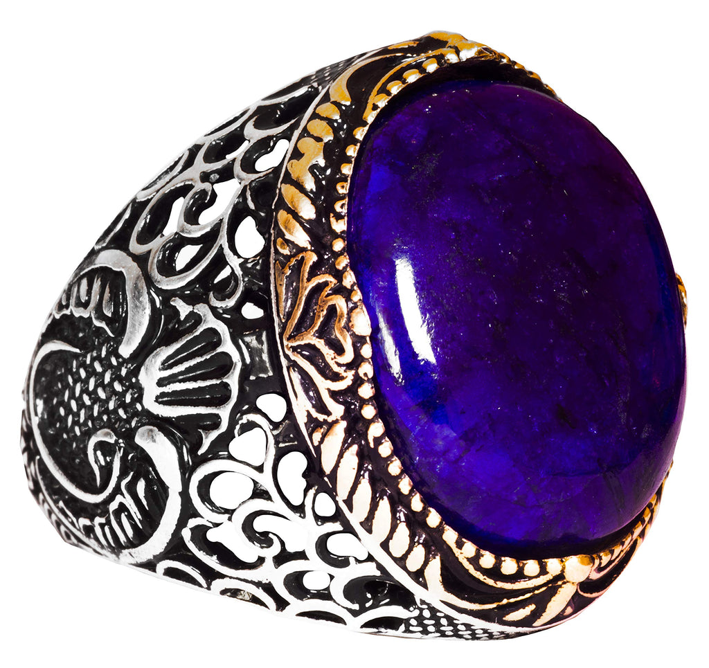 KAMBO Men's Handmade 925 Sterling Silver Ring with Natural Cabochon Sapphire Gemstone, Islamic Religious Design, Vintage