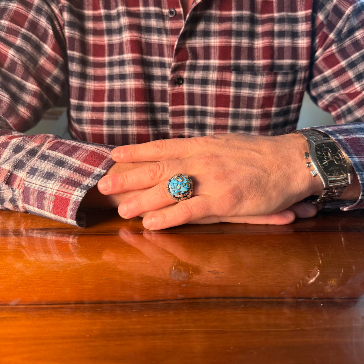 KAMBO Raw Turquoise Oval Stone Claw Setting – Bronze Detailed Silver Artisan Men's Statement Accessory (B) — 3