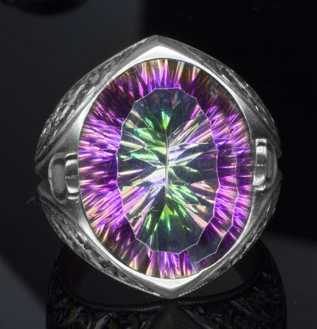 KAMBO Men's 925 Sterling Silver Ring – Synthetic Mystic Topaz Stone, Tulip Motif Design — 3