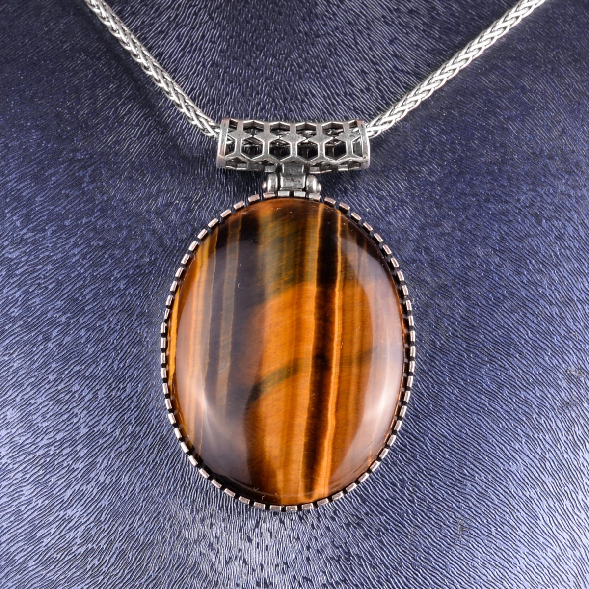 KAMBO Natural Stone Chain Men's Necklace 925 Sterling Silver – Oval Stone Large Necklace (Tiger's Eye) — 3