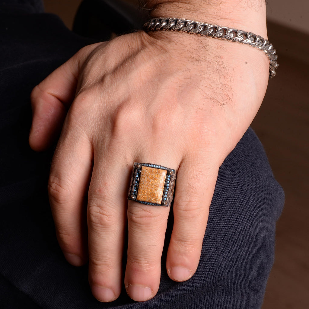 Natural Coral Stone Men's Ring - 925 Sterling Silver Handmade Ring — 6