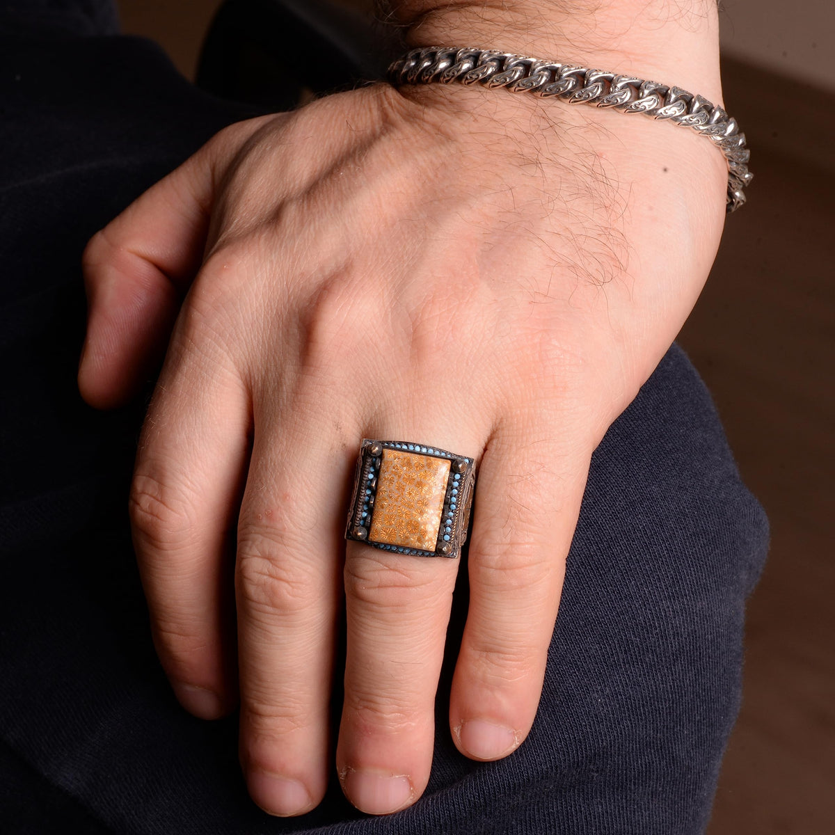 Natural Coral Stone Men's Ring - 925 Sterling Silver Handmade Ring — 6