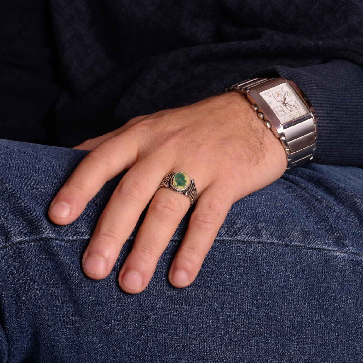 Natural Arizona Turquoise Stone Ring, 925 Sterling Silver Men's Ring (Model-6) — 3