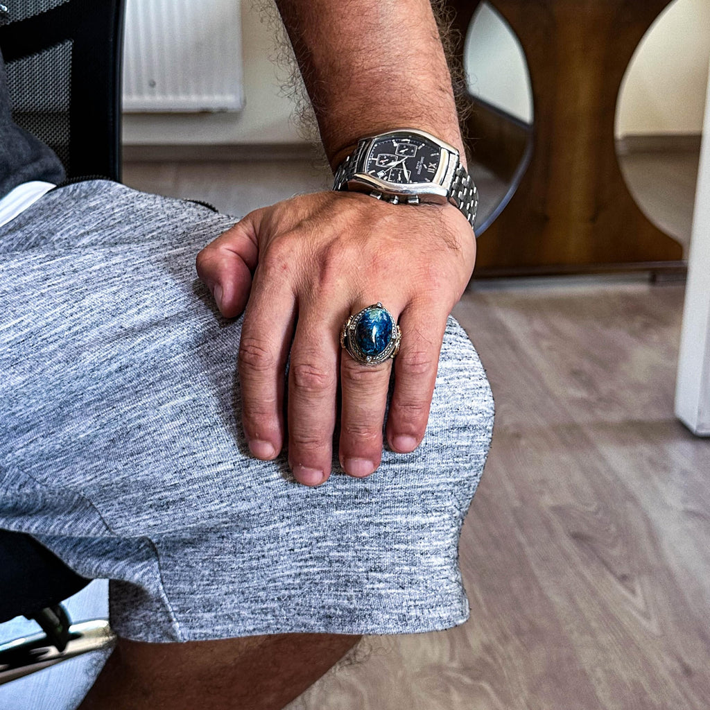 925 Sterling Silver Ring with Natural Azurite Stone, Handmade Men's Ring, Vintage Design — 2