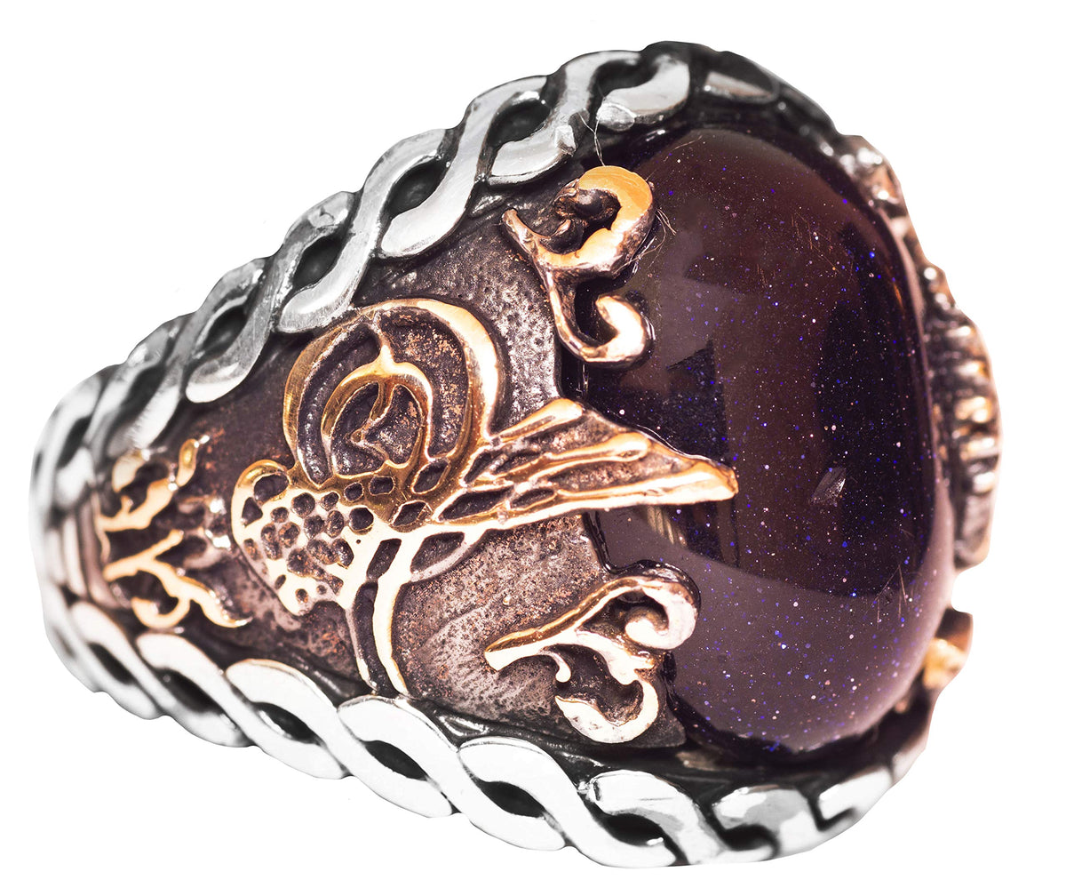 925 Sterling Silver Men's Ring - Night Star Blue Synthetic Stone - Elegant Handmade Jewelry - Ottoman Tughra