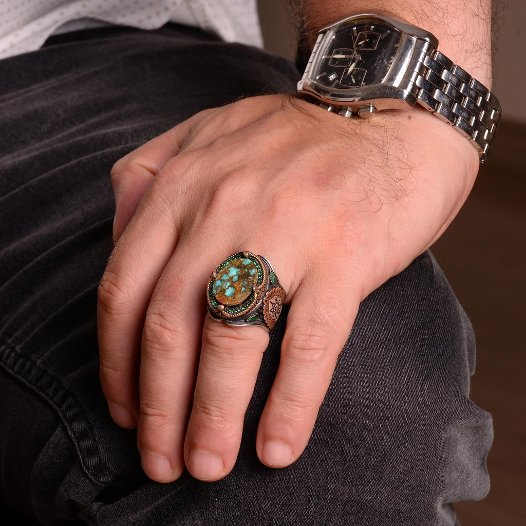 Natural Arizona Turquoise Stone Oval Silver Ring — 3