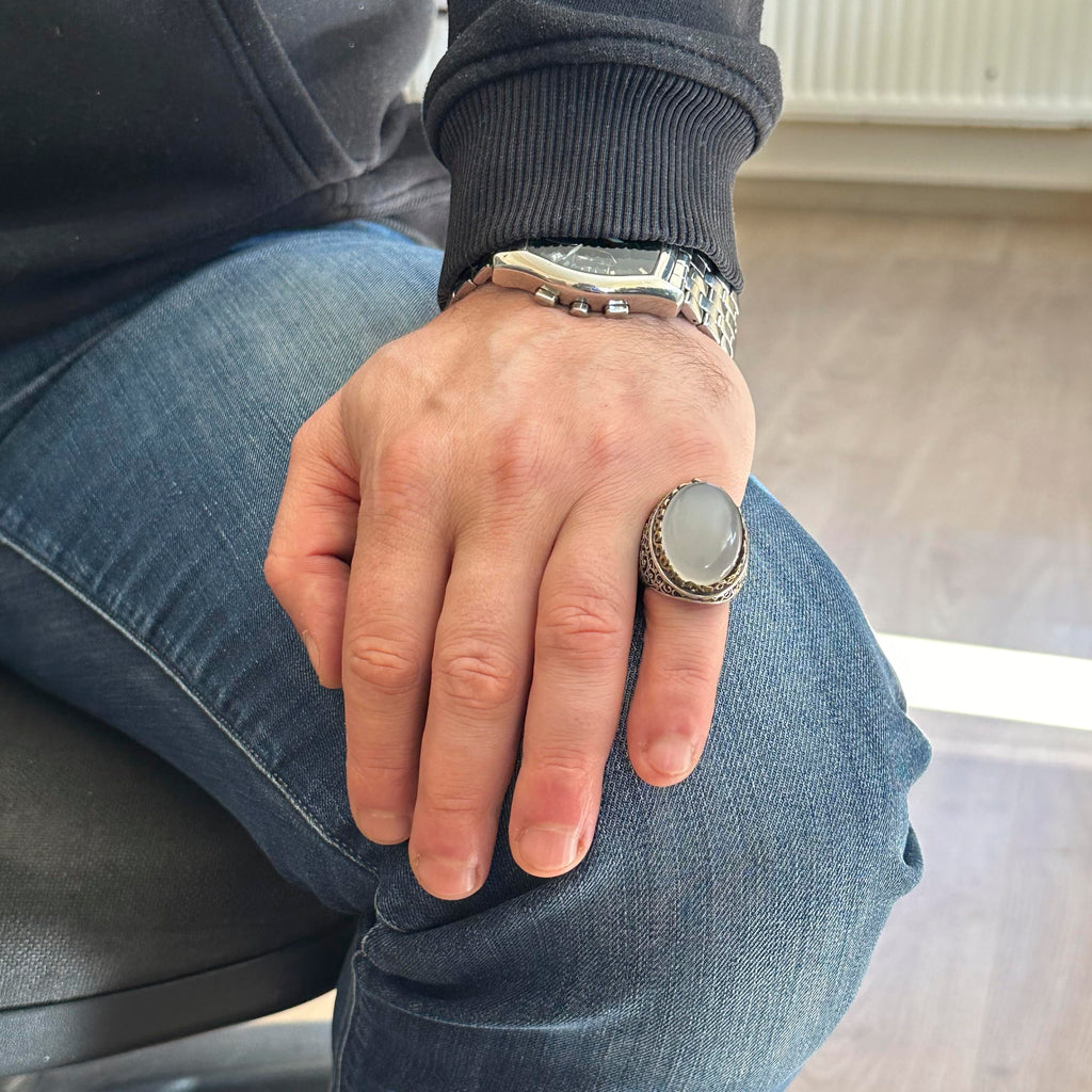 Handmade Silver Men's Large Ring Made with Moonstone — 3